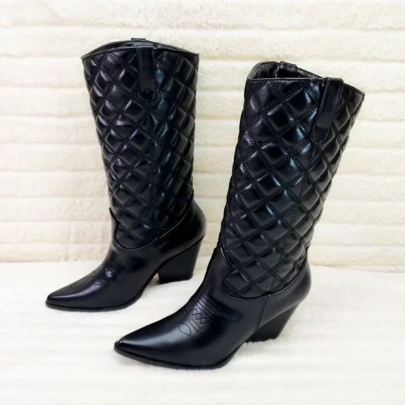 Cape Robbin Black Quilted Faux Leather Western Mid Calf Cowgirl Boots - Picture 8 of 11